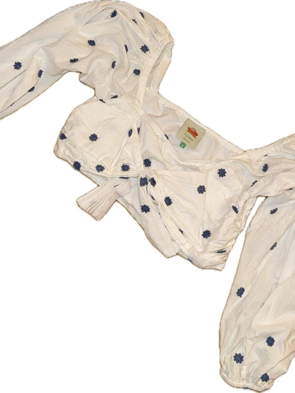 Farm Rio White Balloon Sleeve Top with Blue Floral Embroidery, Sz M - Picture 2 of 3